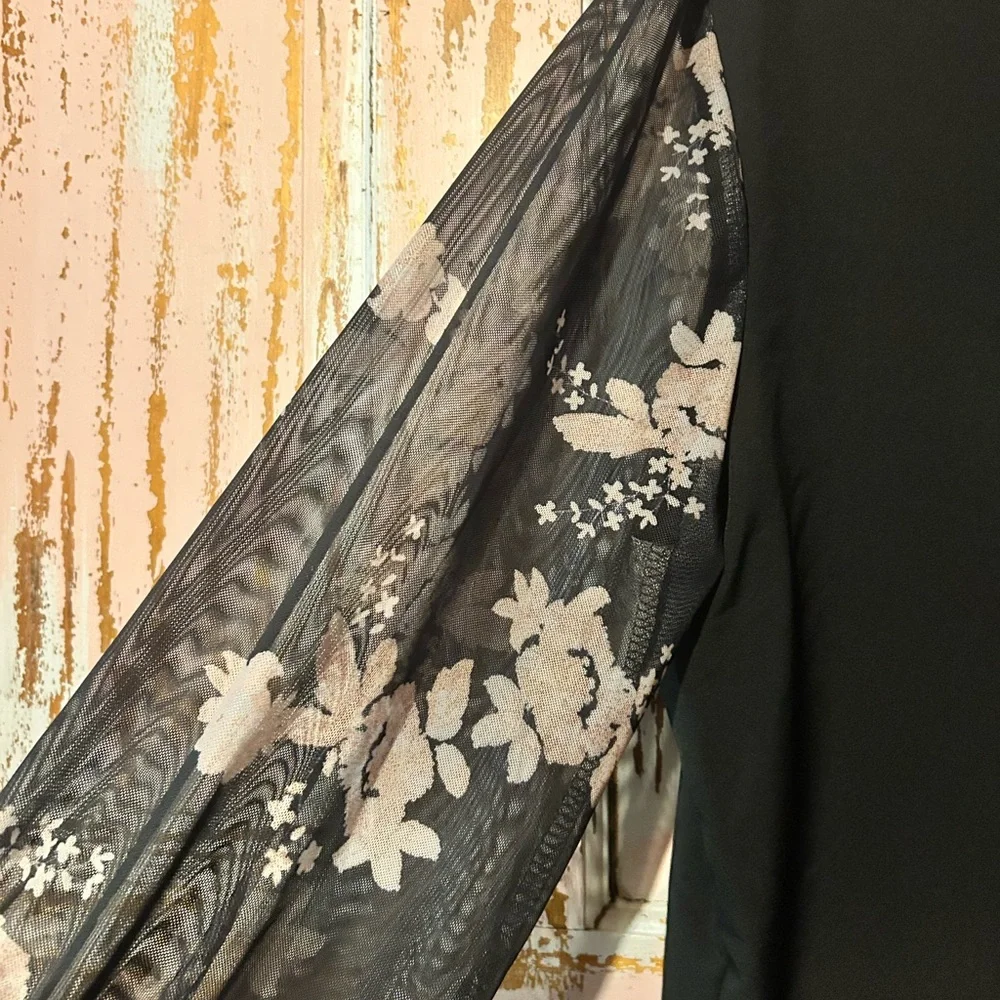 Women’s Black Blouse with Floral Sheer Sleeves